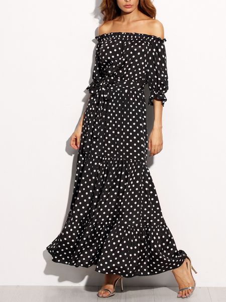 

2018 polka dot bardot neckline tie waist dress off the shoulder three quarter length sleeve a line belted maxi dress, White;black