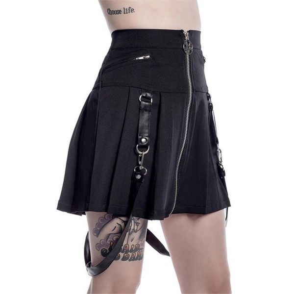 

harajuku punk rock gothic skirts summer women front stitching zipper pleated skirts hight waist belt mini skirt for gothic girls, Black
