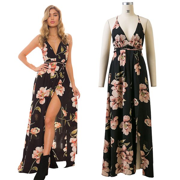 

summer dress women floral print dress v-neck sleeveless spaghetti strap backless side split long dress, White;black