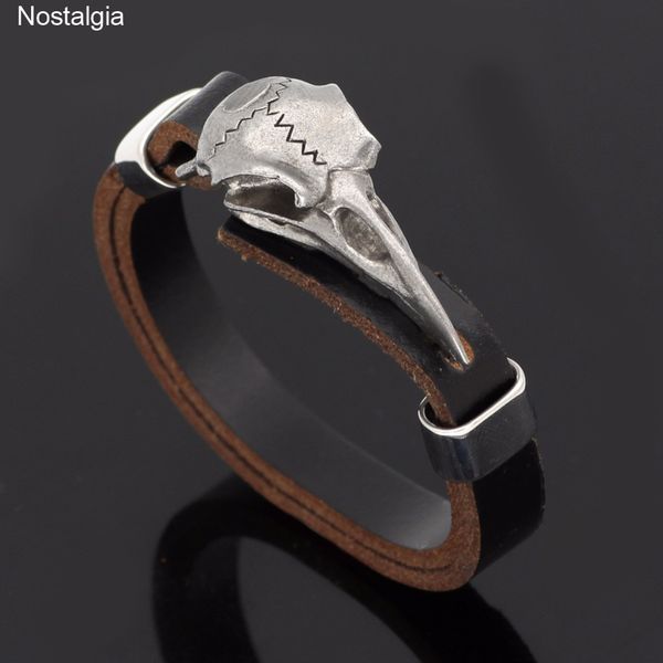 

nostalgia viking raven stainless steel wicca skull jewelry men genuine leather bracelet vikings accessories vikingos bangle, Black