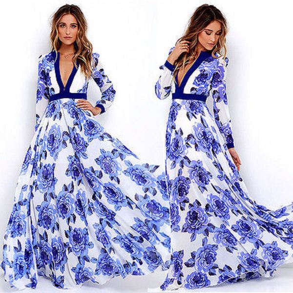 

new 2017 women summer floral printed maxi dress vintage long sleeve v neck pleated long dress beach party vestidos sundress, White;black