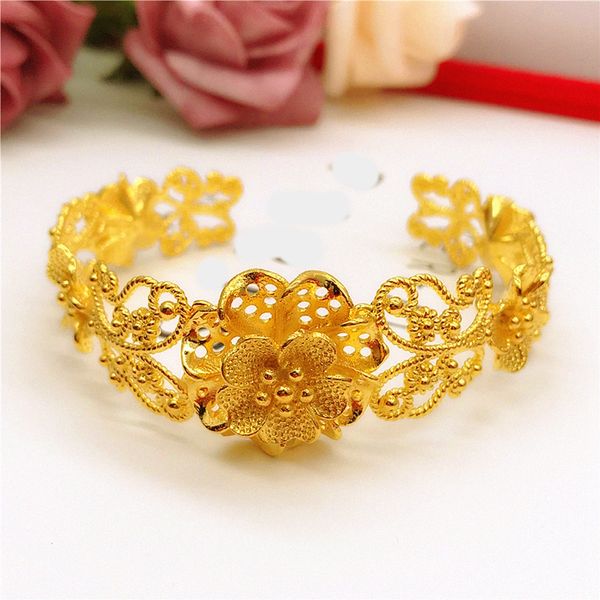 Filigranes Armband mit Blumenmuster, 18 Karat Gelbgold gefüllt, für Hochzeit, Party, Damen-Manschettenarmreif, Modeschmuck, Durchmesser 60 mm