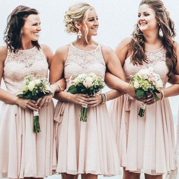 

chic short chiffon bridesmaid dress jewel neck lace applique sleeveless maid of honor dress boho summer beach wedding party dresses, White;pink