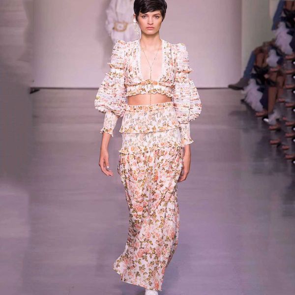 

2018 осень новое прибытие высокое качество женщины 2 шт. наборы мода zim стиль v-образным вырезом кружева цветок топ длинная юбка взлетно-по, White