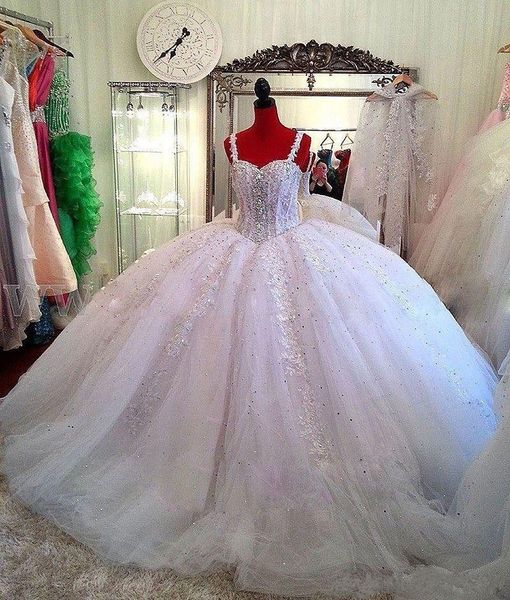 

luxurious crystals ball gown spaghetti straps beading wedding dresses sparkly puffy lace church plus size custom made bridal gowns, White