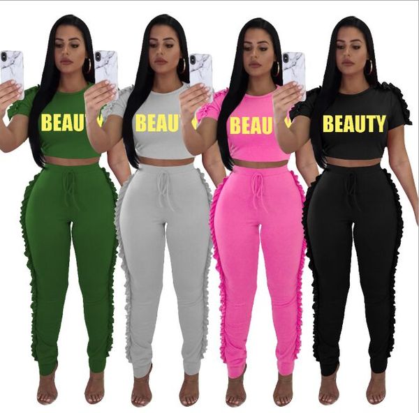 

women letter print two piece outfits short sleeve o neck and skinny pants jog set, White