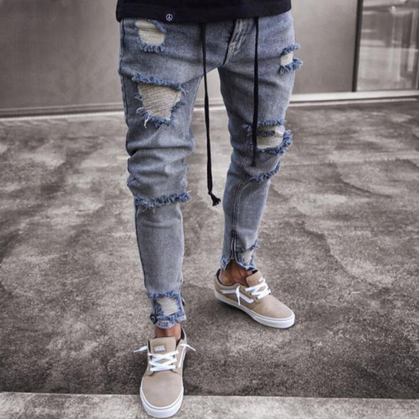 

fashion hip hop jeans men summer streetwear hole men pencil jeans vintage slim biker for, Blue