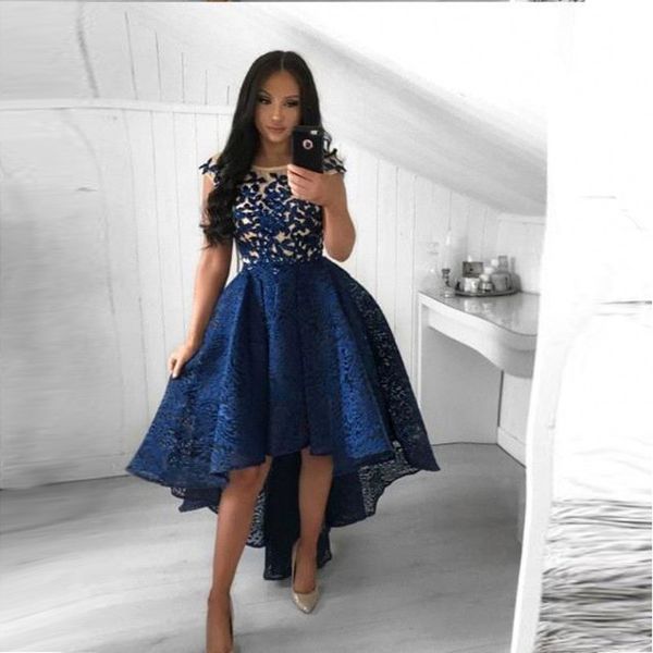 

2019 navy blue lace short prom dresses a line crew neck high low party cocktail gowns homecoming dresses arabic vestidos bc0183