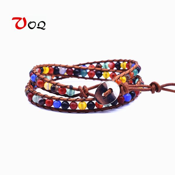 

vintage handmade 2 laps leather wrap bracelet multi color beads natural stone bracelets for men women chakra bracelet jewelry, Black