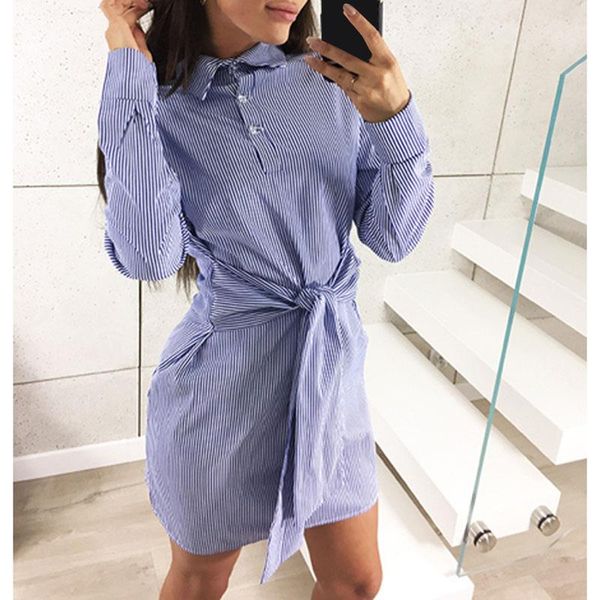 

2018 elegant office autumn shirt women dress long sleeve striped bandage dresses turndown collar buttons mini dress ws9465s, White;black