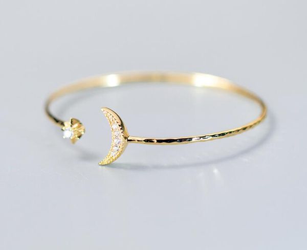 

1pc so thin 100% real. 925 sterling silver fine jewelry cz crescent moon &star engraved bangle cuff bracelet gtls634, Golden;silver