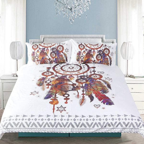 Hipster Watercolor Bedding Set Queen Size Dreamcatcher Feathers