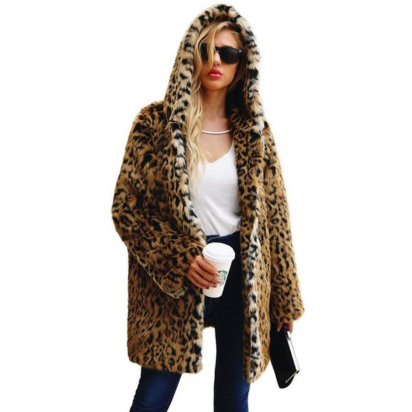 

leopard print faux fur coat female jacket long winter coat women winter jacket manteau femme hiver fourrure femme abrigos mujer, Black