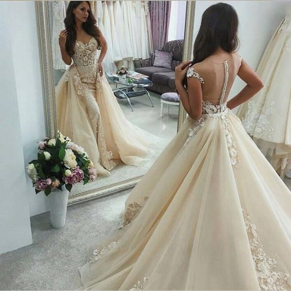 

light champagne overskirt wedding dresses button back sleeveless bridal dresses custom made wedding gowns with detachable train, White