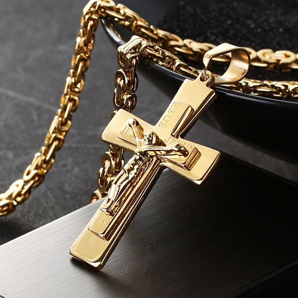 Jesus gravado pingente católico colar ouro cor de aço inoxidável crucifixo cruz link cadeia homens jóias 22-28 