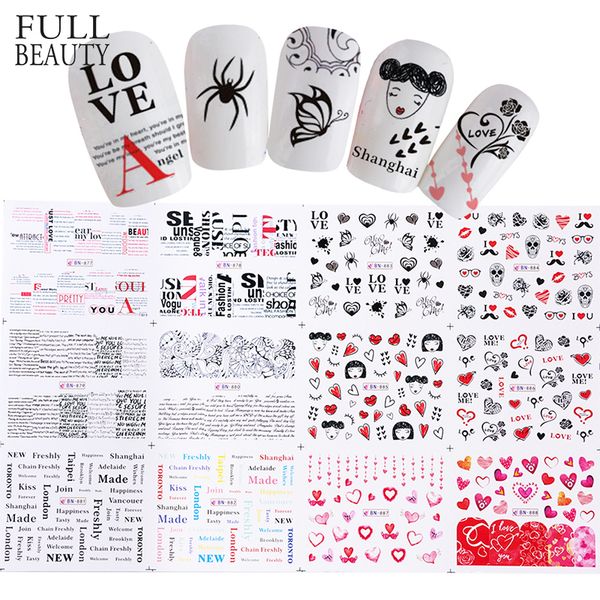 

mixed 12 nail designs black nail sticker decal set water transfer pattern spider heart tattoo slider art decor chbn877-888