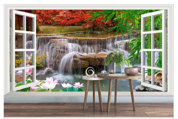 Großhandels-3D Fototapete benutzerdefinierte 3D Wandbilder Tapete 3D Stereo Wasserfall Wohnzimmer Fenster Landschaft Wohnzimmer TV Hintergrund Wand