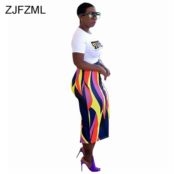 

zjfzml two piece set dress summer women white letter printed bandage crop shirt and colorful print bandage mid-calf skirt, Gray