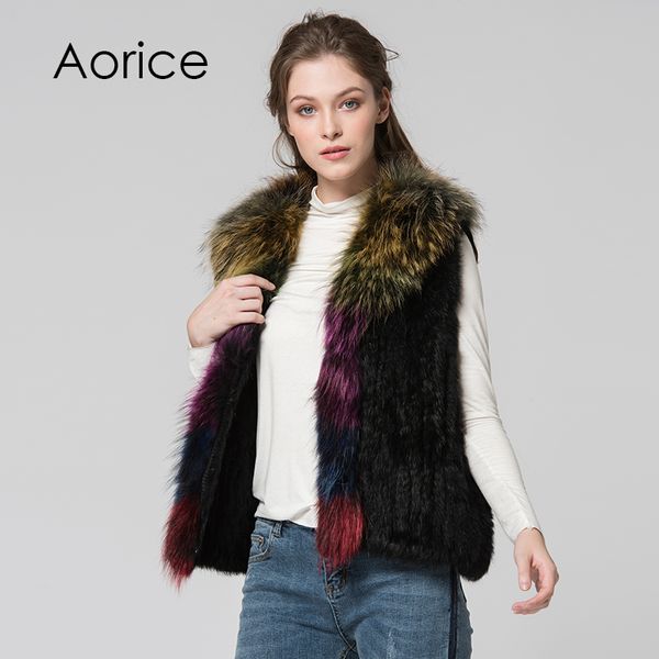 Classic Real Fashion Knitted Rabbit Fur Vest Gilet with Raccoon Fur Collar Women
