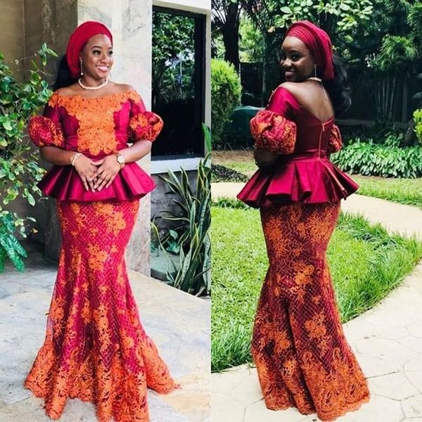 

dark red plus size prom dresses orange lace appliques peplum mermaid evening gowns zipper back satin floor length aso ebi party dress, Black