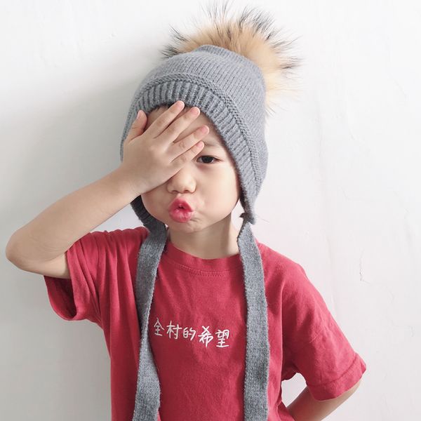 

kids baby winter hat wool knitted ponytail beanie fur pompom hat for children boys girls ear protection caps