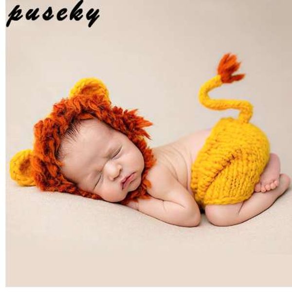 Pusky crochet recém-nascido fotografia adereços infantil traje roupa bonito bebê chapéu traje conjunto animal leão bebê roupas acessórios