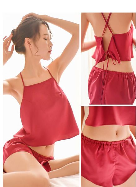 FRAU freies Verschiffen erotische Wäsche Schürze Boxer zweiteilige Damen Backless Spitze sexy seidige Satin Nachthemd Träger Halfter