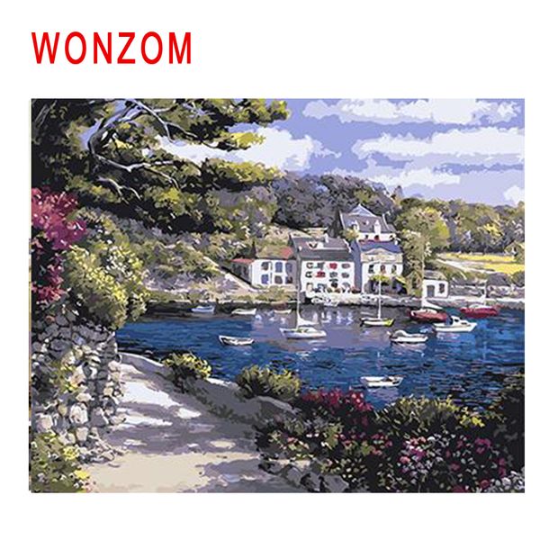 

wonzom beach boat diy painting by numbers town path tree oil painting cuadros decoracion acrylic paint on canvas modern wall art