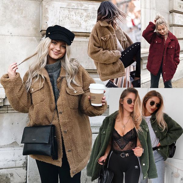 

Women Button Pocket Thick Coats Casual Lapel Fluffy Fleece Fur Warm Winter Outerwear Jackets