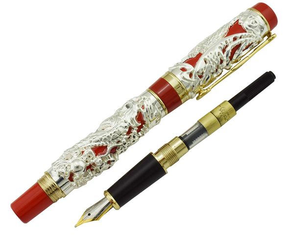 

jinhao dragon phoenix vintage luxurious fountain pen, metal carving embossing heavy pen, noble silver & red for office school
