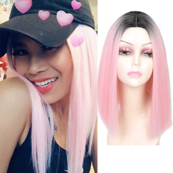 Pink Ombre Black Blonde Blue Gray Wig Long Straight Hair Short