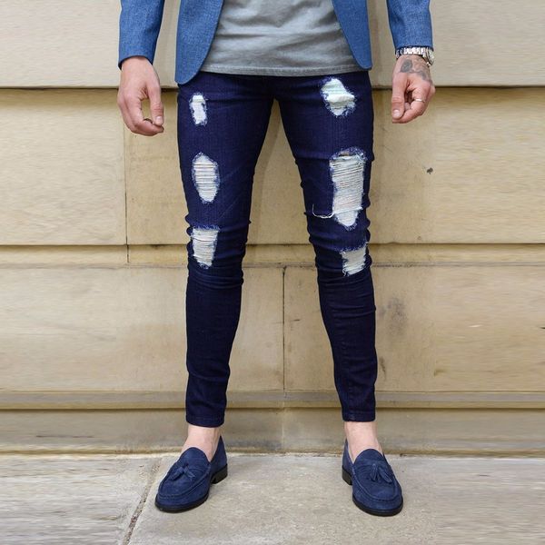 Hommes Denim Jeans Super Stretch Skinny Jeans Chaud Nouveau Denim Distressed Distressed Pantalons Nouvelle Mode Beau Cool