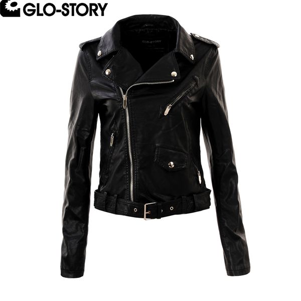 

glo-story women 2017 faux leather coat women high street punk fashion black leather biker jacket wpy-3341