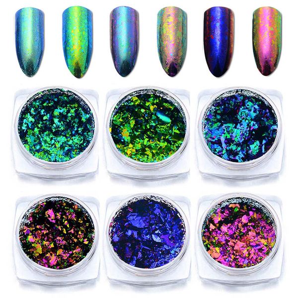 

meet across 6 boxes/set nail glitter aluminum flakes mirror effect nail powder irregular sequins chrome pigment art decor, Silver;gold