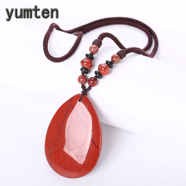 

yumten red pendant necklace natural jasper naszyjnik hyperbole women long chain party rope chain geometric stone beads jewellery, Silver