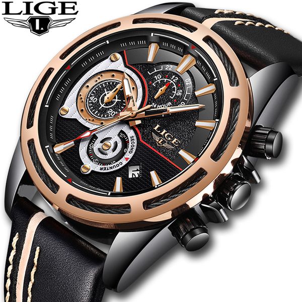 

relojes july 2018 lige new fashion men's watches leather sport waterproof quartz watch men chronograph big dial clock, Slivery;brown