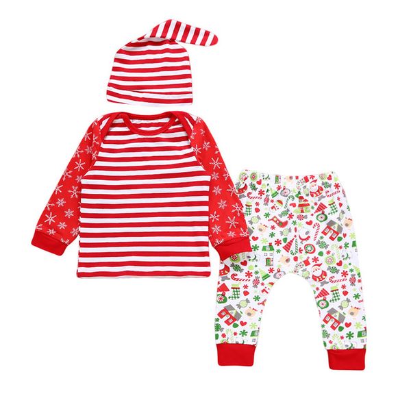 Baby-Weihnachts-Outfits, neugeborenes Baby, Mädchen, Jungen, Kleidung, Baumwolle, gestreift, T-Shirt, Tops, Hosen, Hut, 3-teilig, Kleinkind-Kleidungsset, Weihnachtskostüm