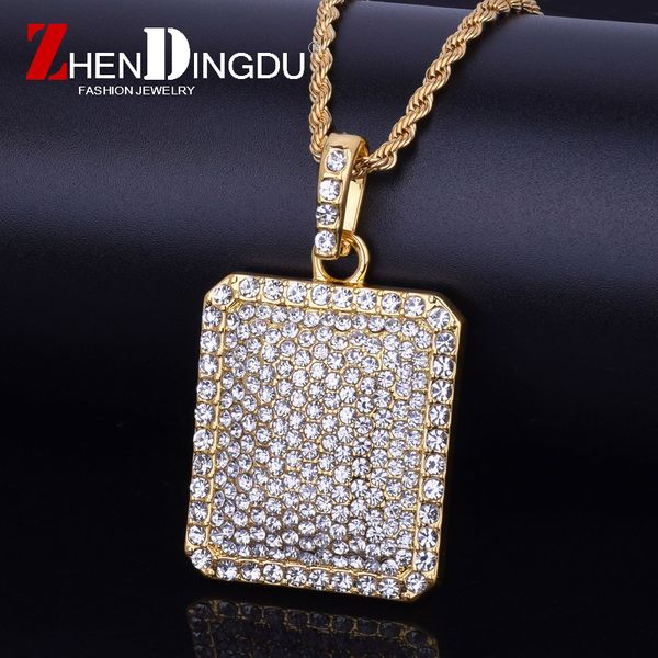 

men pendant full iced out rhinestone gold silver color charm square dog tag necklace with cuban chain blingbling hip hop jewelry