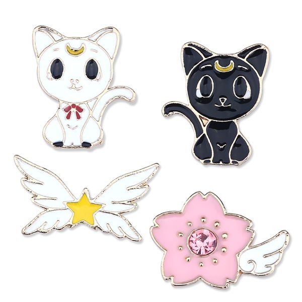 Acheter Japon Anime Sakura Wings étoile Noir Blanc Chat Broche Mignon Dessin Animé émail Mini Pins Bouton Boucle Chemise Badge Badge Pour Les Femmes