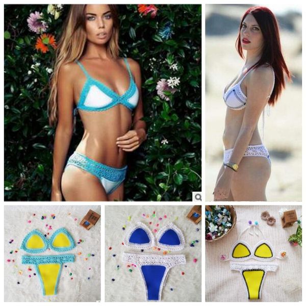 Swimwear Mão-tecido Crochet Biquíni Mulheres De Malha Sexy Swimsuit Conjuntos de Biquíni de Verão Moda Trajes de Banho Tankini Beachwear Bras Calcinhas B4094