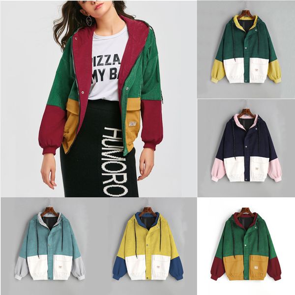 

2018 new fashion women ladies hoodie hooded corduroy patchwork oversize jacket windbreaker coat overcoat plus size, Black;brown