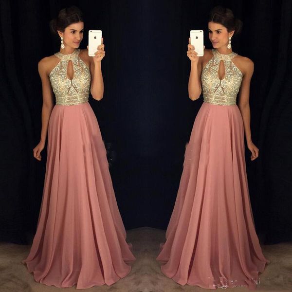 

Pink Prom Dresses 2018 A-Line Halter Major Beaded Illusion Bodice Chiffon Celebrity Formal Gowns Dress Plus size Evening Gowns