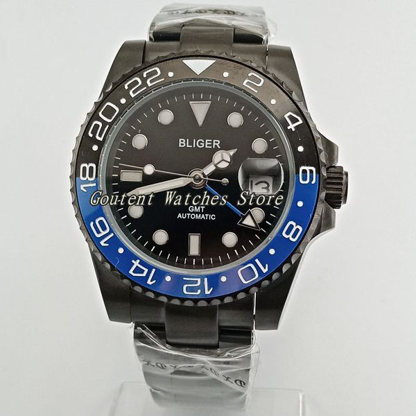 

40mm bliger pvd case date sapphire glass blue gmt hand black dial luminous automatic men's watch, Slivery;brown
