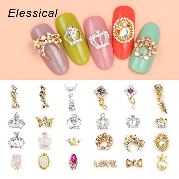 

10pcs/lot fashion design nail art glitter rhinestone dangle nail charms cow leaves shape gold silver crown bow stud decor, Silver;gold