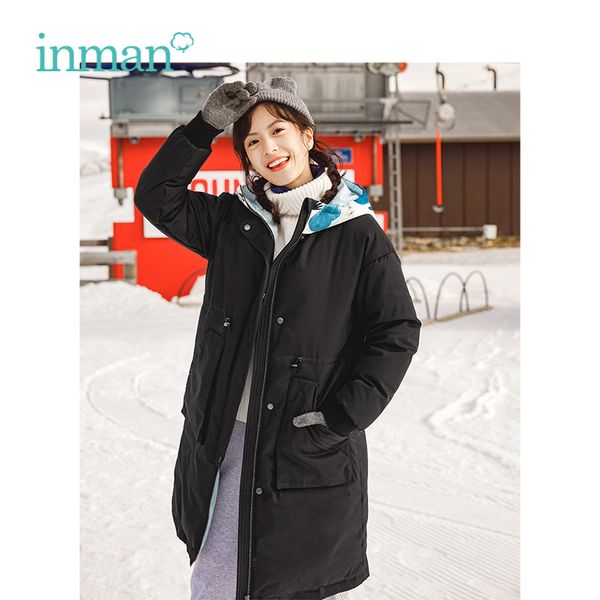 

inman 2018 winter new arrival hooded warm windproof waist slim long section woman down coat, Black