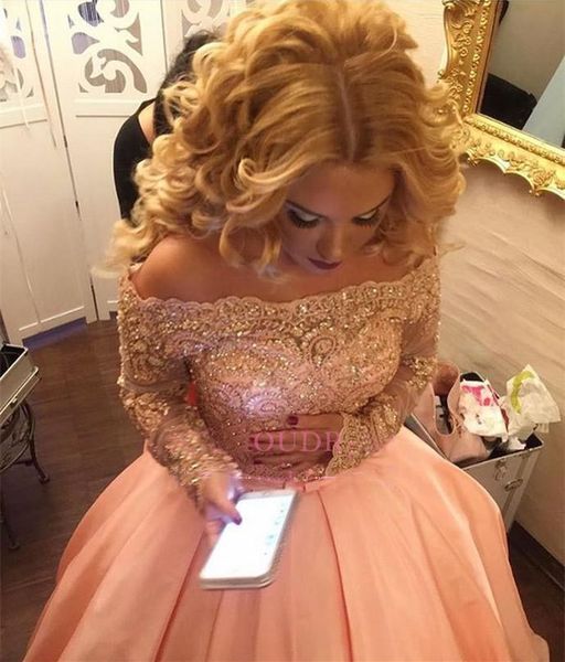 

long sleeves ball gown prom dresses bowknot gold-lace off-the-shoulder 2018 evening dresses vestidos elegantes quinceanera dress, Black