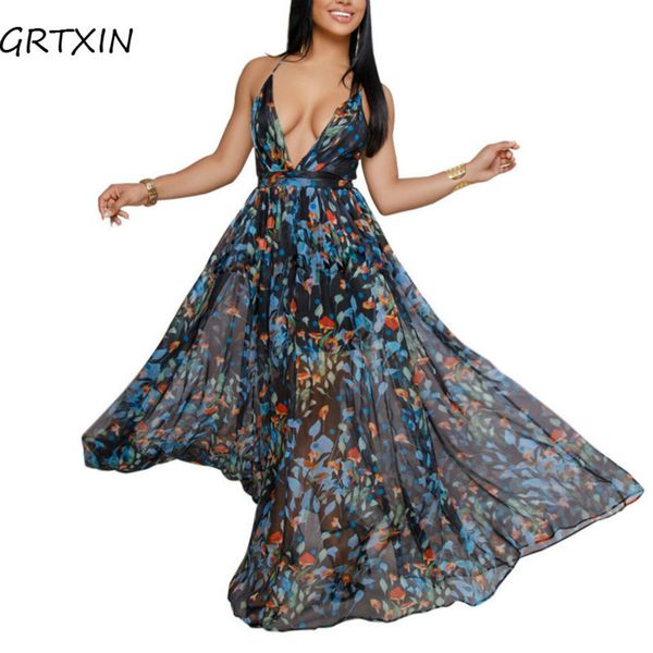 

boho deep v neck off shoulder beach maxi dress women summer chiffon tunic 2018 beach holiday floral print long vestidos, White;black
