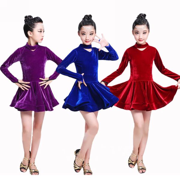 

velvet latin dance dress for girls flapper salsa dress girls dance dress d0996 big hem long sleeve, Black;red