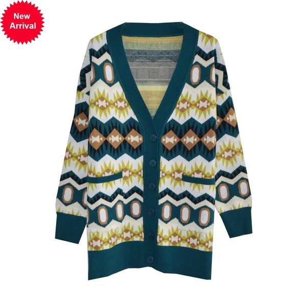 

high qulaity 2018 autumn winter new geometry jacquard v neckblue long sleeve knitting cardigan loose coat woman f, White;black