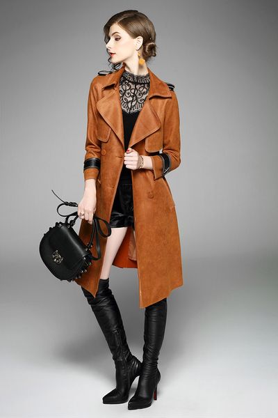 

elegant trench coat for women 2017 brand fashion autumn winter trench long sleeve vintage suede leather windbreaker outerwear, Tan;black